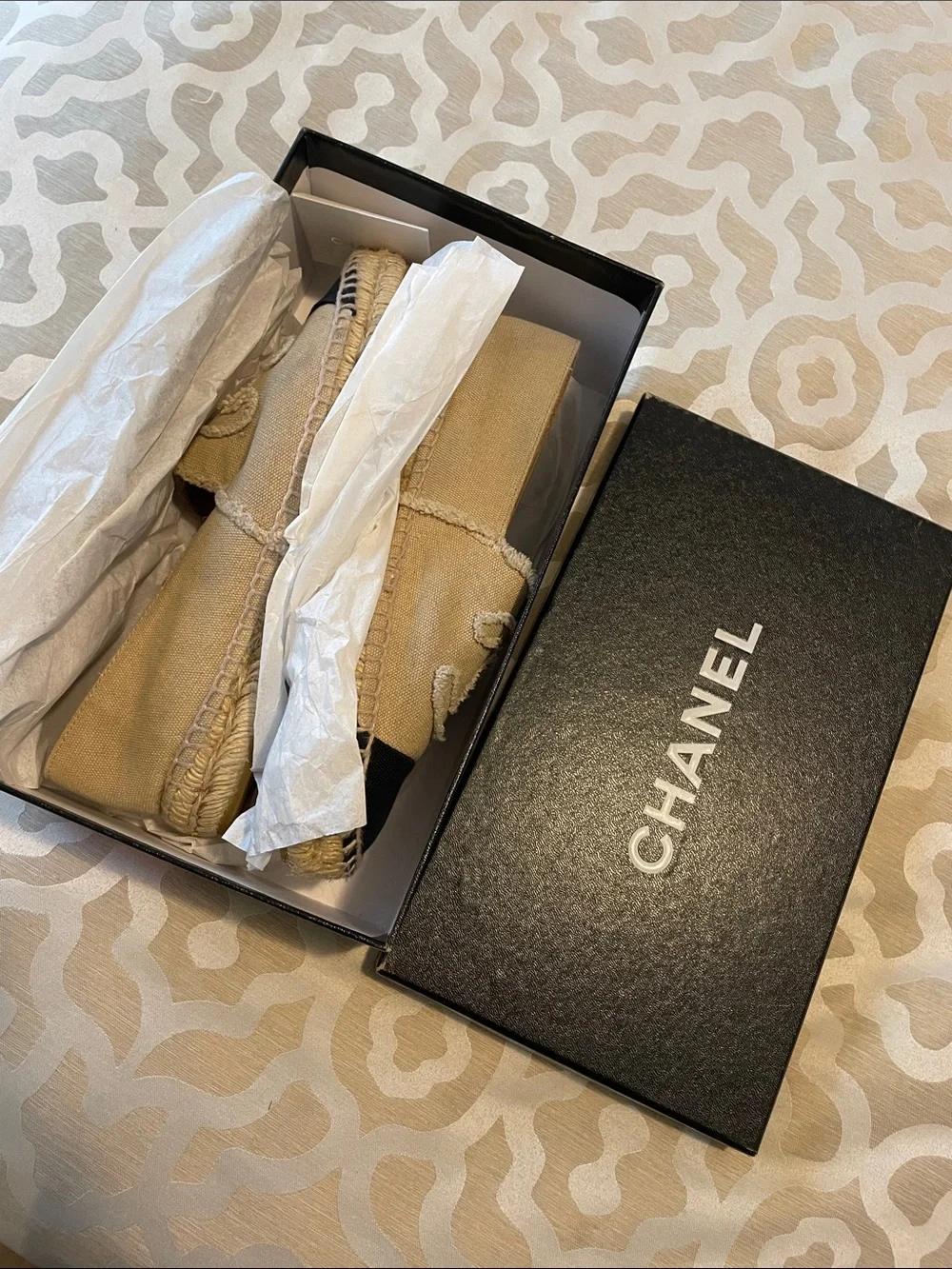 CHANEL Tan and Black Canvas Espadrille Flats AUTHENTIC